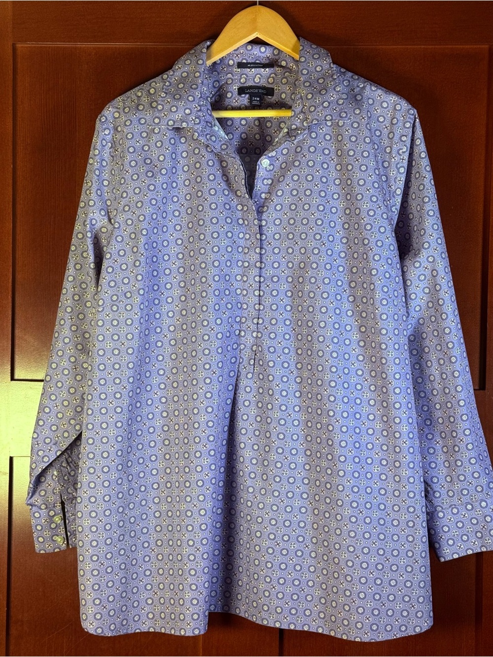 Lands' End Women's 24W Purple Geometric Print Supima Cotton Button Down Tunic